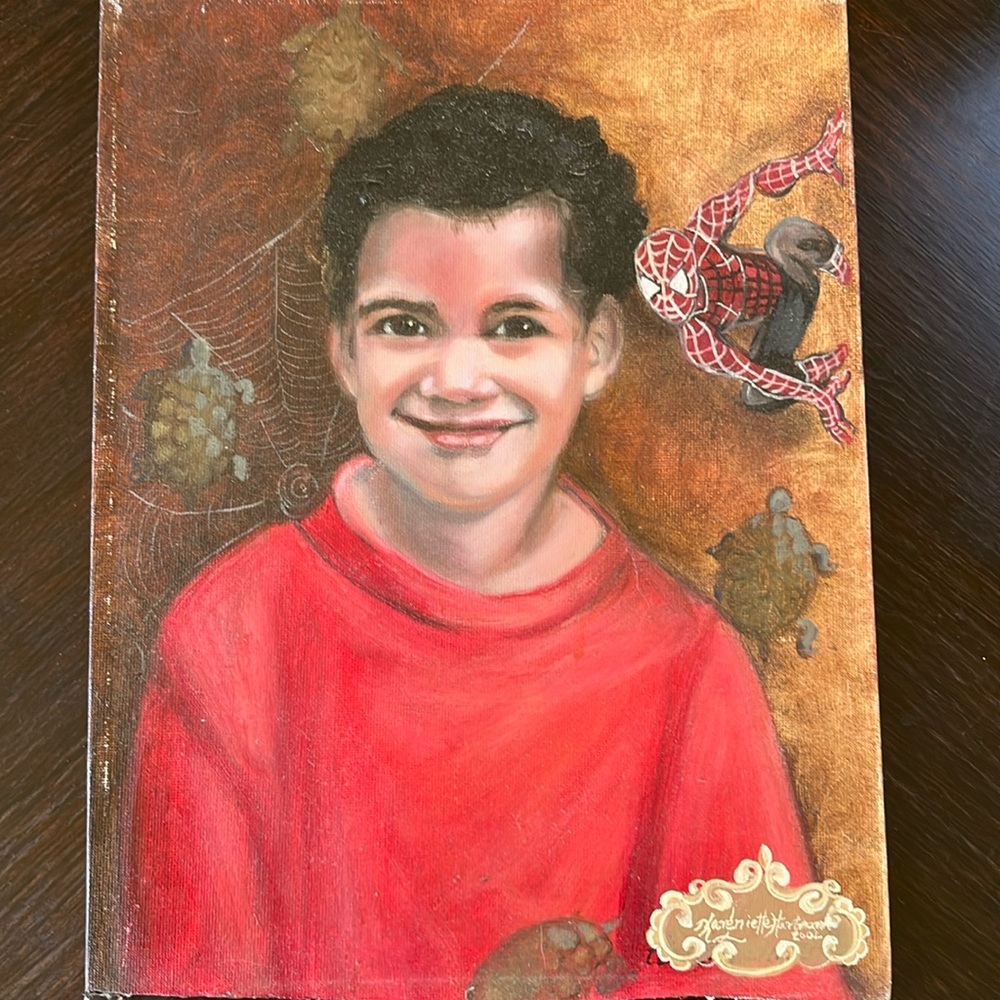 Oil painting of a boy, red shirt, Spider-Man